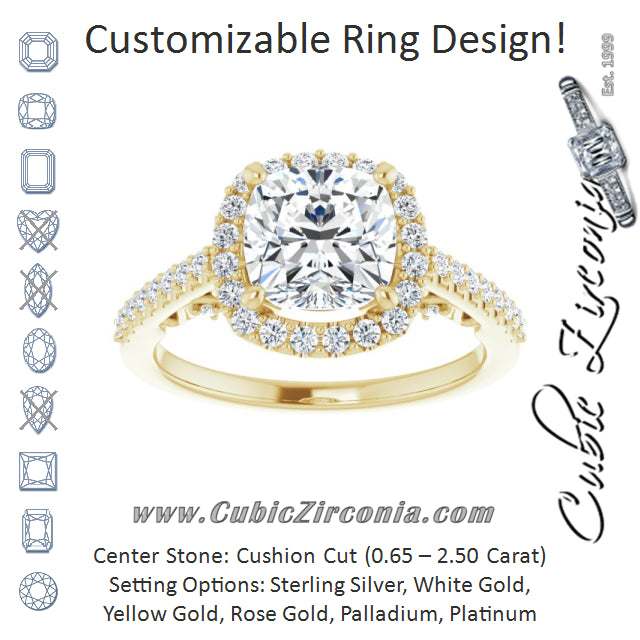 Cubic Zirconia Engagement Ring- The Aiko (Customizable Cathedral-Halo Cushion Cut Design with Carved Metal Accent plus Pavé Band)