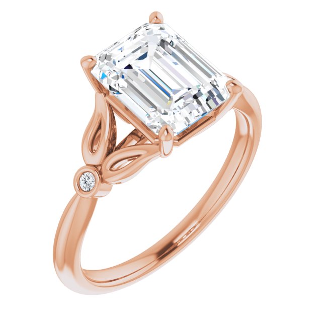 10K Rose Gold Customizable 3-stone Emerald/Radiant Cut Design with Thin Band and Twin Round Bezel Side Stones