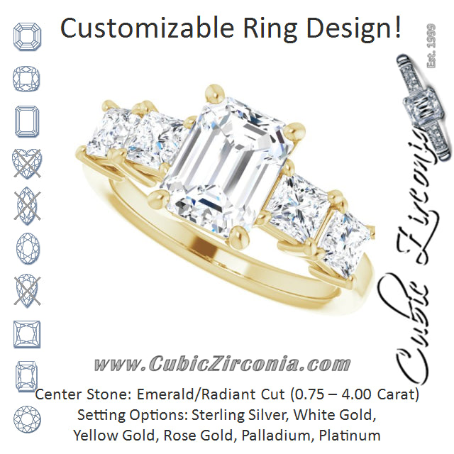 Cubic Zirconia Engagement Ring- The Abril (Customizable 5-stone Radiant Cut Style with Quad Princess-Cut Accents)