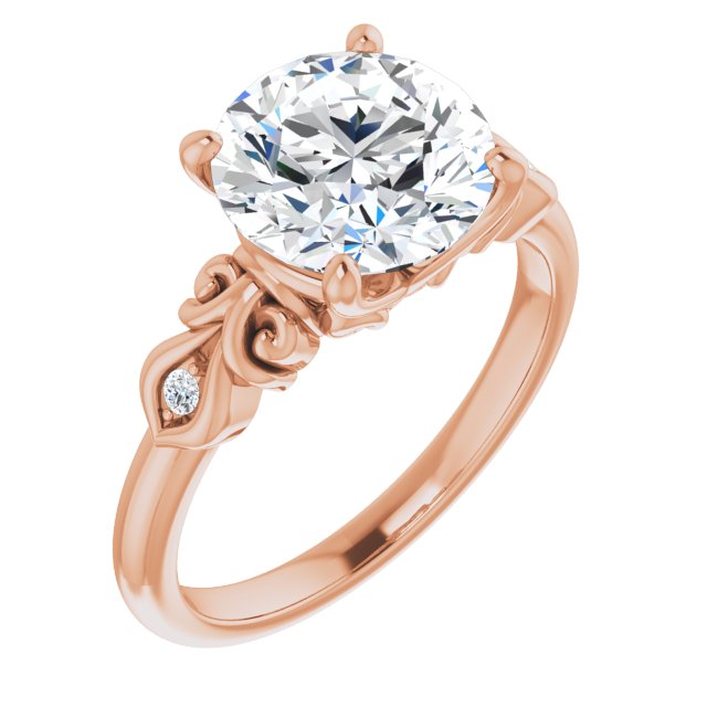 18K Rose Gold Customizable 3-stone Round Cut Design with Small Round Accents and Filigree