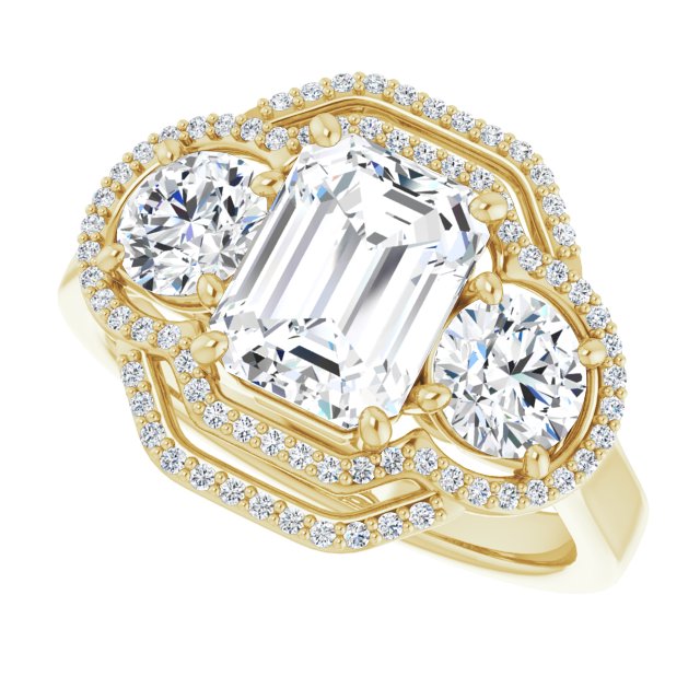 Cubic Zirconia Engagement Ring- The Fritzie (Customizable Cathedral-set Enhanced 3-stone Emerald Cut Design with Multidirectional Halo)