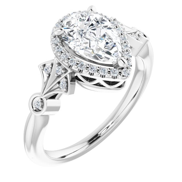 10K White Gold Customizable Cathedral-Crown Pear Cut Design with Halo and Scalloped Side Stones