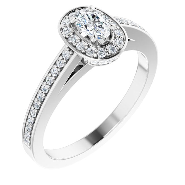 10K White Gold Customizable Cathedral-set Oval Cut Design with Halo, Thin Pavé Band & Round-Bezel Peekaboos