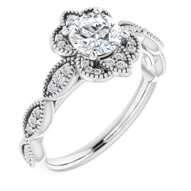 10K White Gold Customizable Cathedral-style Round Cut Design with Floral Segmented Halo & Milgrain+Accents Band