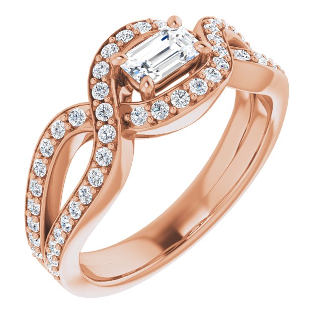 10K Rose Gold Customizable Emerald/Radiant Cut Center with Infinity-inspired Split Shared Prong Band and Bypass Halo