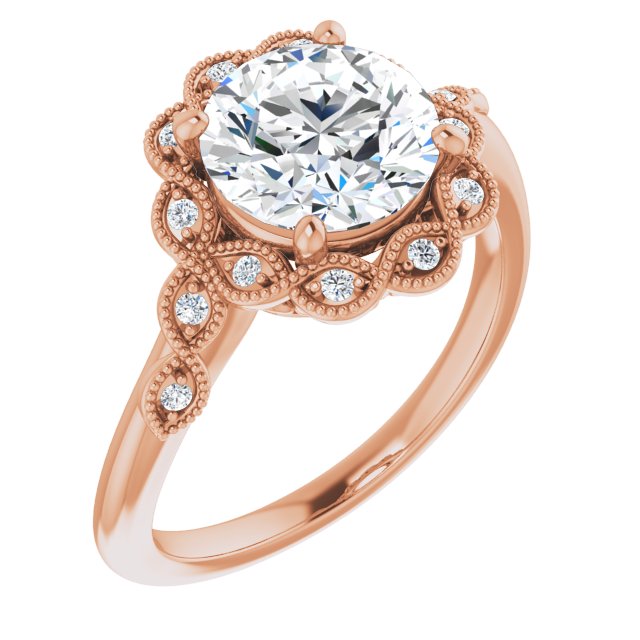 14K Rose Gold Customizable 3-stone Design with Round Cut Center and Halo Enhancement