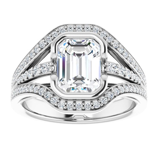Cubic Zirconia Engagement Ring- The Paola (Customizable Cathedral-Bezel Emerald Cut Design with Wide Triple-Split-Pavé Band)