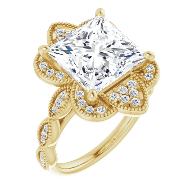 10K Yellow Gold Customizable Cathedral-style Princess/Square Cut Design with Floral Segmented Halo & Milgrain+Accents Band