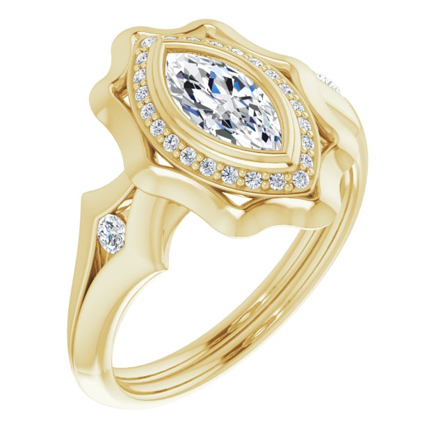 10K Yellow Gold Customizable Bezel-set Marquise Cut with Halo & Oversized Floral Design