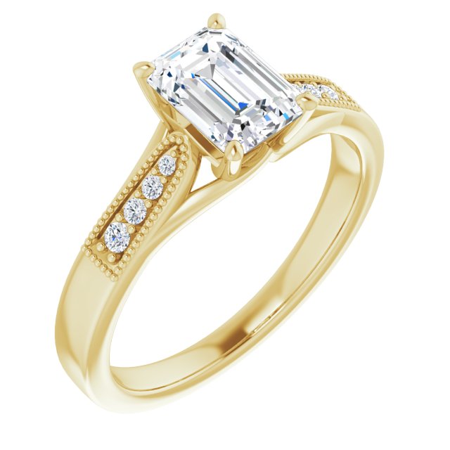 10K Yellow Gold Customizable 9-stone Vintage Design with Emerald/Radiant Cut Center and Round Band Accents