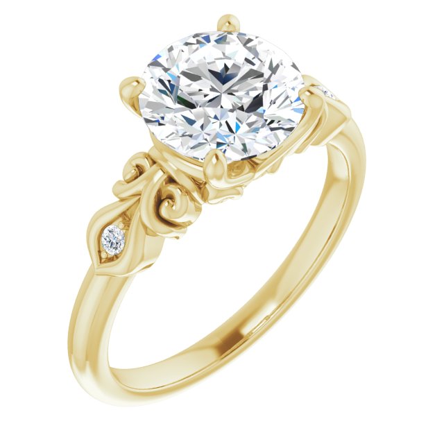 14K Yellow Gold Customizable 3-stone Round Cut Design with Small Round Accents and Filigree
