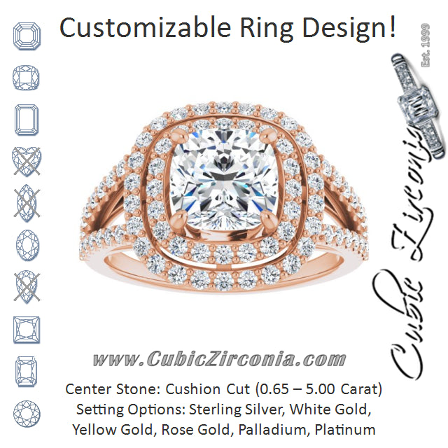 Cubic Zirconia Engagement Ring- The Carly Anne (Customizable Cushion Cut Design with Double Halo and Wide Split-Pavé Band)