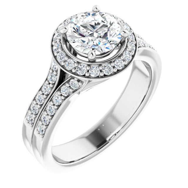 10K White Gold Customizable Round Cut Halo Style with Accented Split-Band