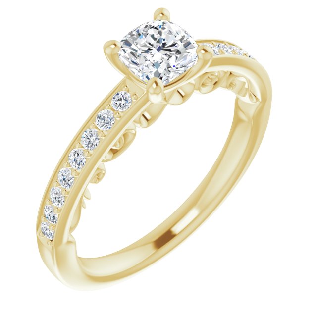 14K Yellow Gold Customizable Cushion Cut Design featuring 3-Sided Infinity Trellis and Round-Channel Accented Band