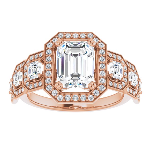 Cubic Zirconia Engagement Ring- The Carmela (Customizable Cathedral-Halo Emerald Cut Design with Six Halo-surrounded Asscher Cut Accents and Ultra-wide Band)