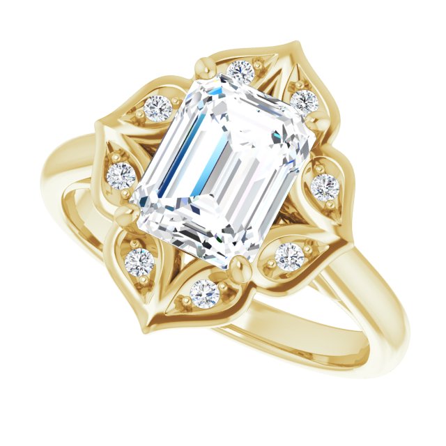 Cubic Zirconia Engagement Ring- The Neve (Customizable Cathedral-raised Emerald Cut Design with Star Halo & Round-Bezel Peekaboo Accents)