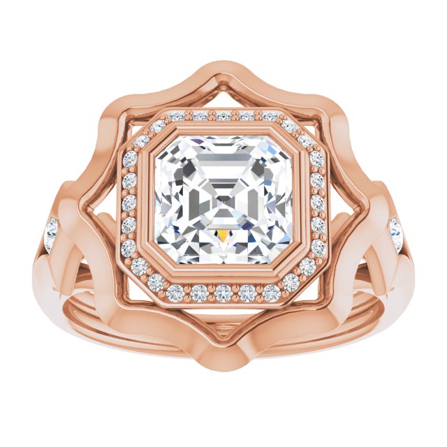 Cubic Zirconia Engagement Ring- The Jeanne (Customizable Bezel-set Asscher Cut with Halo & Oversized Floral Design)