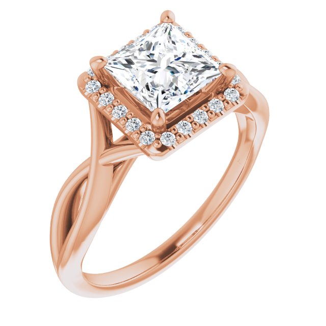 10K Rose Gold Customizable Cathedral-Halo Princess/Square Cut Design with Twisting Split Band