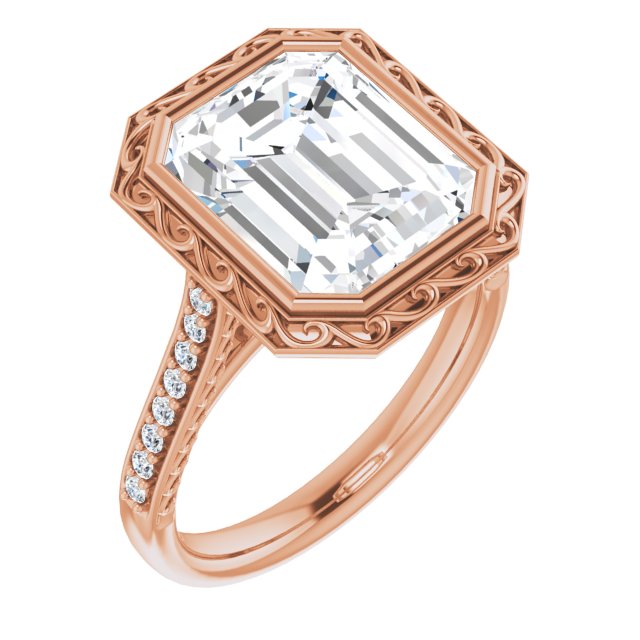 10K Rose Gold Customizable Cathedral-Bezel Emerald/Radiant Cut Design featuring Accented Band with Filigree Inlay
