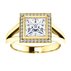 Cubic Zirconia Engagement Ring- The Blondie (Customizable Bezel-set Cathedral-style Princess Cut with Halo Style and V-Split Band)