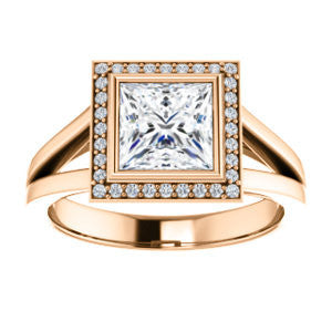 Cubic Zirconia Engagement Ring- The Blondie (Customizable Bezel-set Cathedral-style Princess Cut with Halo Style and V-Split Band)