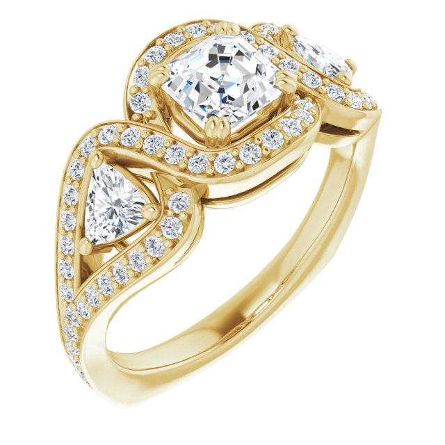 10K Yellow Gold Customizable Asscher Cut Center with Twin Trillion Accents, Twisting Shared Prong Split Band, and Halo