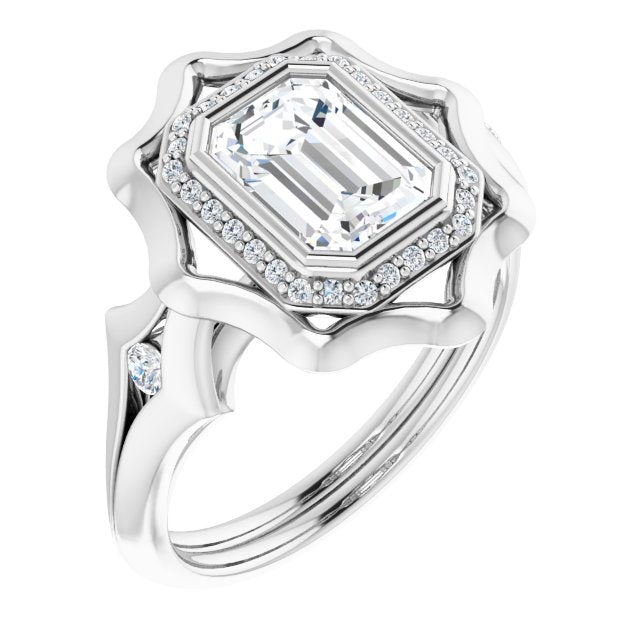 Cubic Zirconia Engagement Ring- The Jeanne (Customizable Bezel-set Radiant Cut with Halo & Oversized Floral Design)