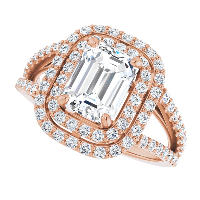 Cubic Zirconia Engagement Ring- The Carly Anne (Customizable Radiant Cut Design with Double Halo and Wide Split-Pavé Band)