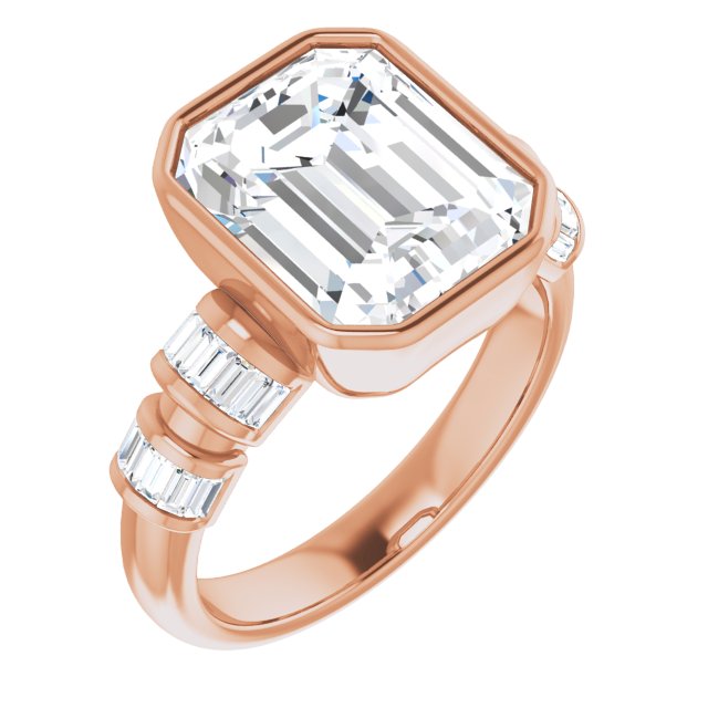10K Rose Gold Customizable Bezel-set Emerald/Radiant Cut Design with Quad Horizontal Band Sleeves of Baguette Accents