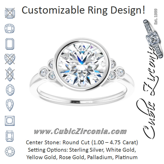 Cubic Zirconia Engagement Ring- The Kaipo (Customizable 7-stone Round Cut Style with Triple Round-Bezel Accent Cluster Each Side)