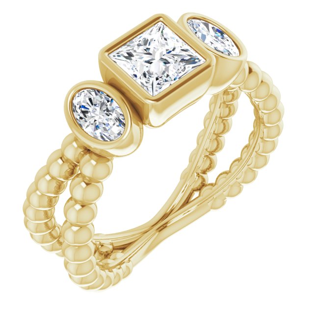 10K Yellow Gold Customizable 3-stone Princess/Square Cut Design with 2 Oval Cut Side Stones and Wide, Bubble-Bead Split-Band