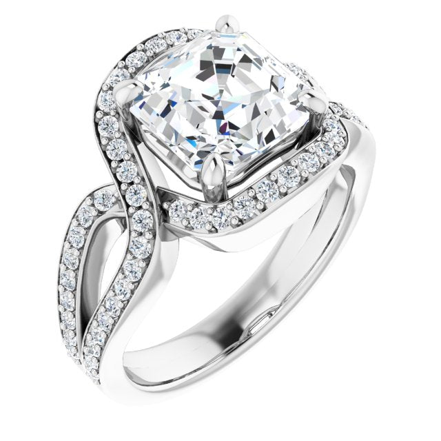 10K White Gold Customizable Asscher Cut Center with Infinity-inspired Split Shared Prong Band and Bypass Halo