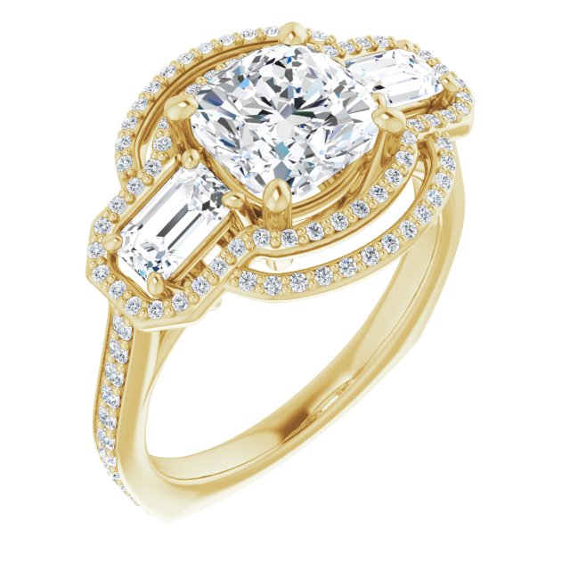 Cubic Zirconia Engagement Ring- The Fallon (Customizable Enhanced 3-stone Style with Cushion Cut Center, Emerald Cut Accents, Double Halo and Thin Shared Prong Band)