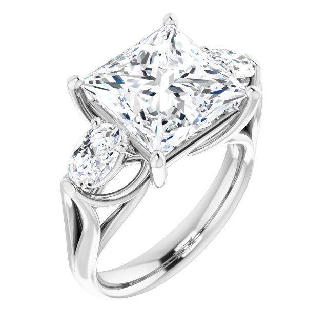 10K White Gold Customizable Cathedral-set 3-stone Princess/Square Cut Style with Dual Oval Cut Accents & Wide Split Band
