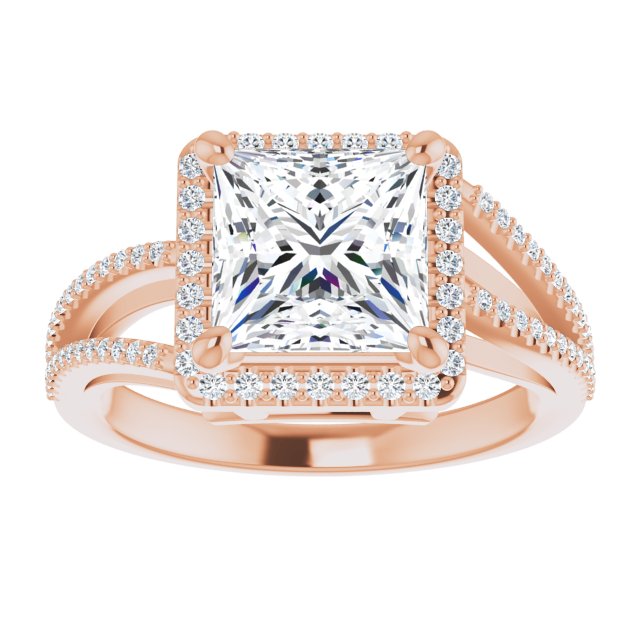 Cubic Zirconia Engagement Ring- The Claudette (Customizable Princess/Square Cut Vintage Design with Halo Style and Asymmetrical Split-Pavé Band)