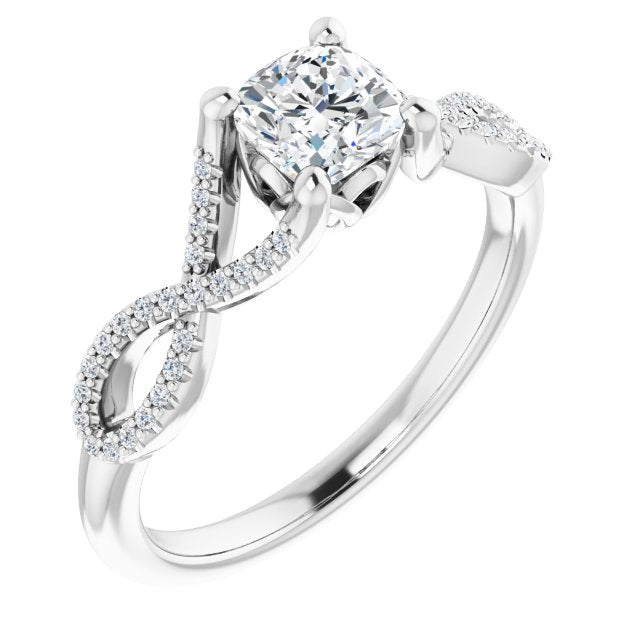10K White Gold Customizable Cushion Cut Design with Twisting Infinity-inspired, Pavé Split Band