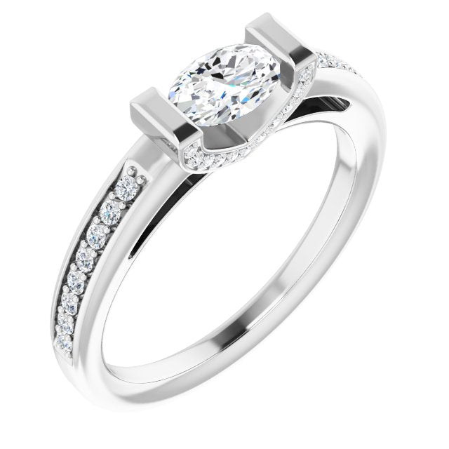 10K White Gold Customizable Cathedral-Bar Oval Cut Design featuring Shared Prong Band and Prong Accents