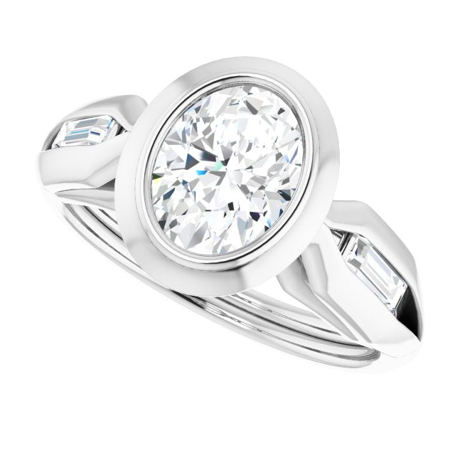 Cubic Zirconia Engagement Ring- The Claudelle (Customizable Bezel-set Oval Cut Design with Wide Split Band & Tension-Channel Baguette Accents)