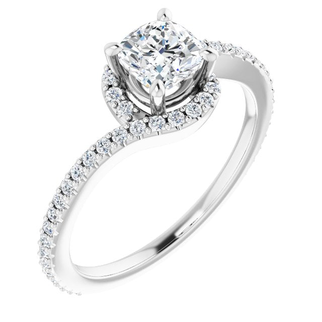 10K White Gold Customizable Artisan Cushion Cut Design with Thin, Accented Bypass Band