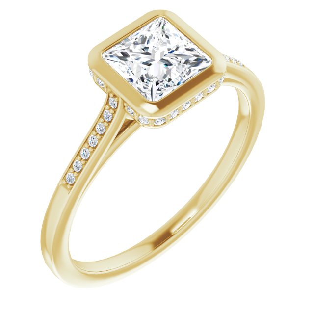 10K Yellow Gold Customizable Cathedral-Bezel Princess/Square Cut Style with Under-halo and Shared Prong Band
