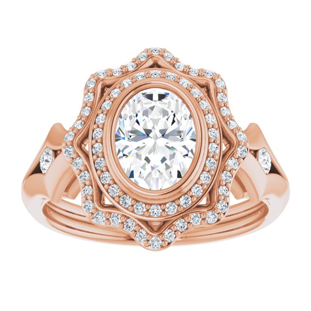 Cubic Zirconia Engagement Ring- The Cyra (Customizable Cathedral-bezel Oval Cut Design with Floral Double Halo and Channel-Accented Split Band)