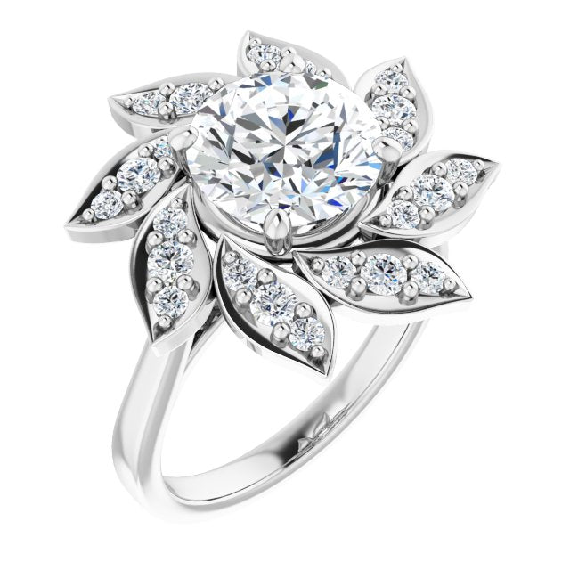 14K White Gold Customizable Round Cut Design with Artisan Floral Halo