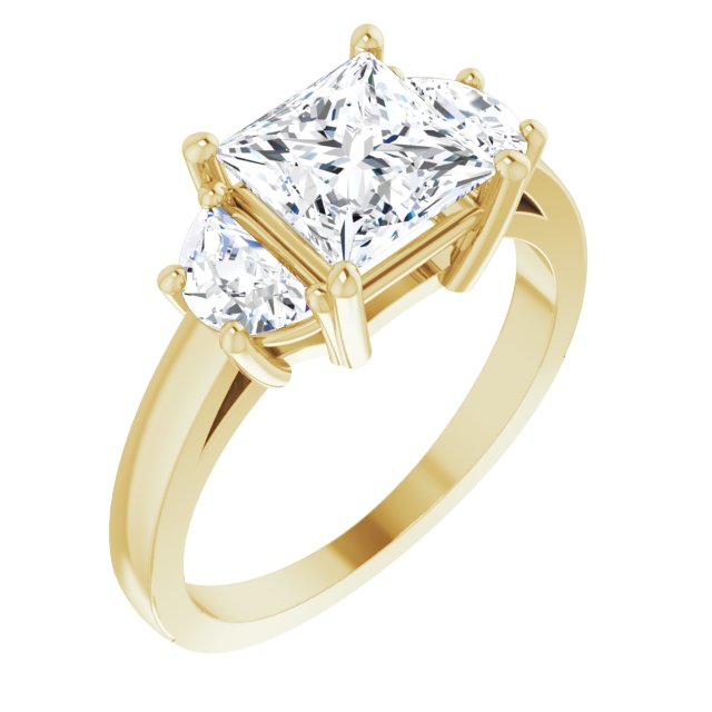 10K Yellow Gold Customizable 3-stone Design with Princess/Square Cut Center and Half-moon Side Stones
