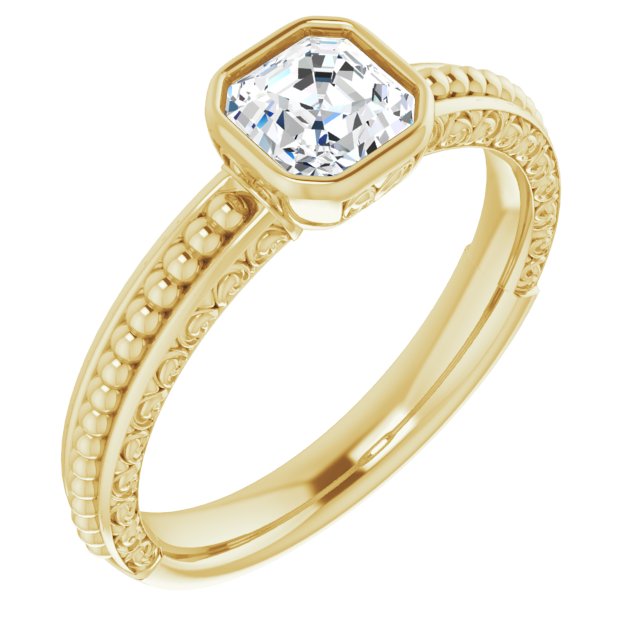 10K Yellow Gold Customizable Bezel-set Asscher Cut Solitaire with Beaded and Carved Three-sided Band