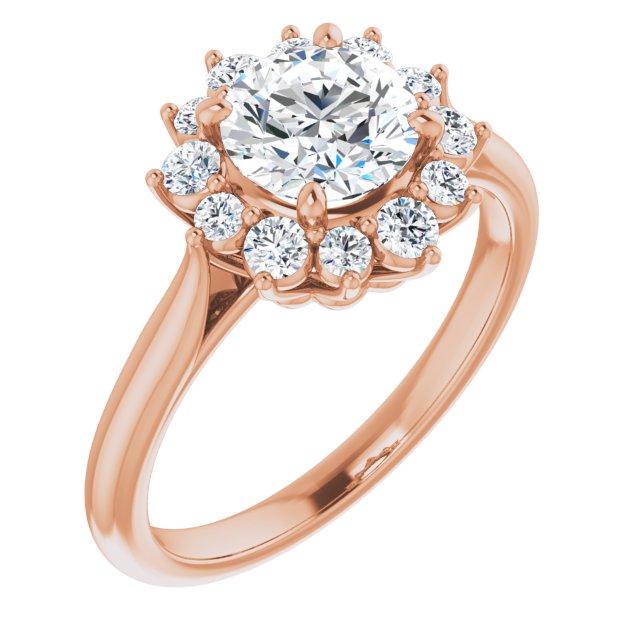 10K Rose Gold Customizable Crown-Cathedral Round Cut Design with Clustered Large-Accent Halo & Ultra-thin Band