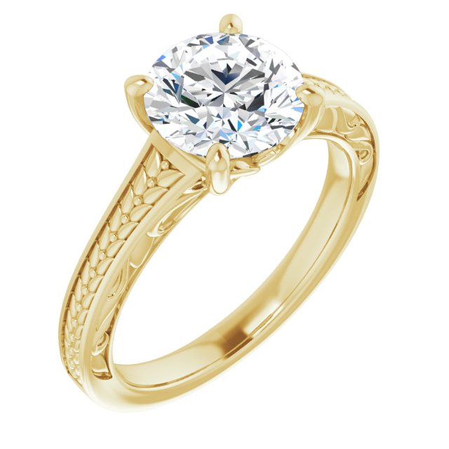 14K Yellow Gold Customizable Round Cut Solitaire with Organic Textured Band and Decorative Prong Basket