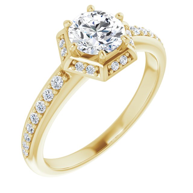 10K Yellow Gold Customizable Round Cut Design with Geometric Under-Halo and Shared Prong Band