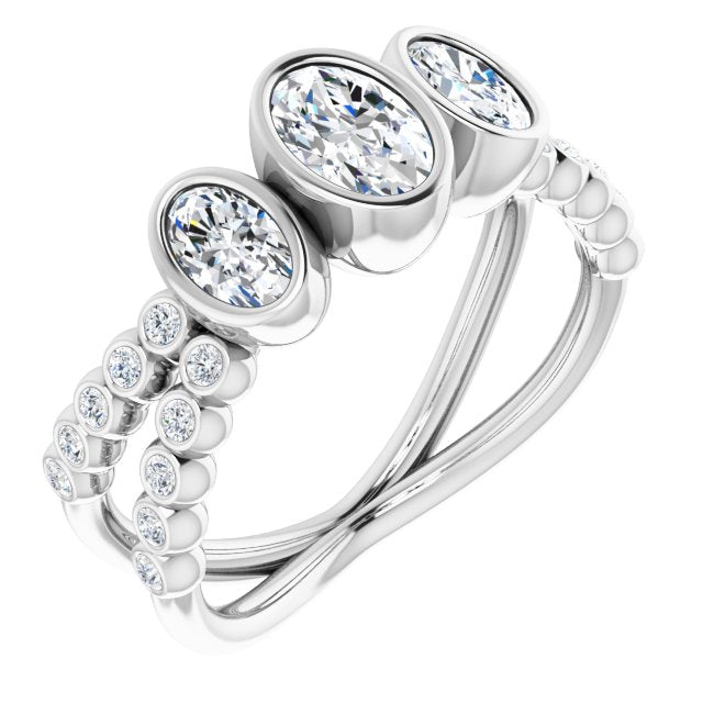 10K White Gold Customizable Bezel-set Oval Cut Design with Dual Bezel-Oval Accents and Round-Bezel Accented Split Band
