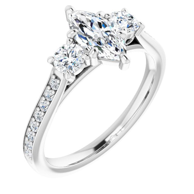 10K White Gold Customizable Marquise Cut Cathedral Setting with Filigree Design and Shared Prong Band