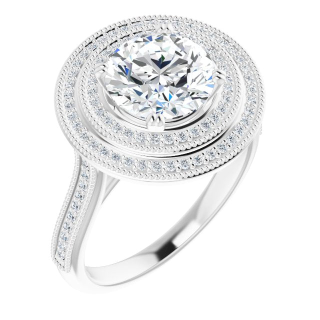 Cubic Zirconia Engagement Ring- The Aubriella (Customizable Round Cut Design with Elegant Double Halo, Houndstooth Milgrain and Band-Channel Accents)